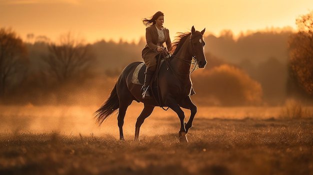 Una mujer monta un caballo en un campo al atardecer.