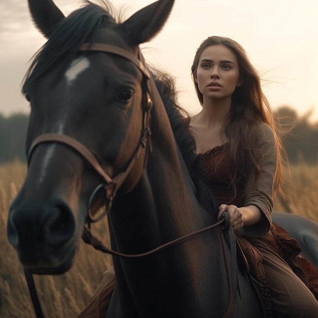 Una mujer monta a caballo en un campo con una mujer en la espalda.