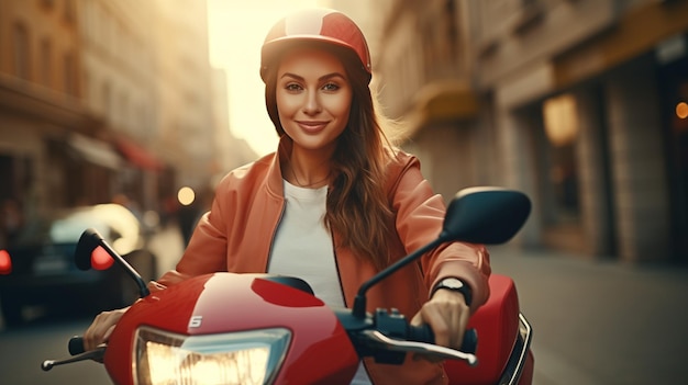 una mujer monta una scooter en una calle de la ciudad.