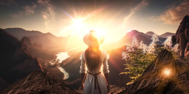Foto mujer en las montañas al atardecer ver bengalas de puesta de sol y puesta de sol en el paisaje de la naturaleza del cielo
