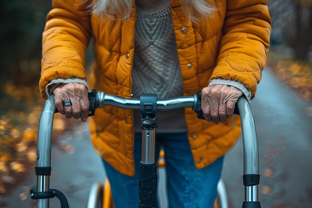 Foto mujer montando una bicicleta con un bastón