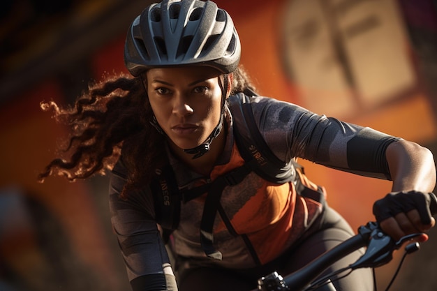 Mujer montando bicicleta en las calles de la ciudad en hora punta sobre fondo borroso