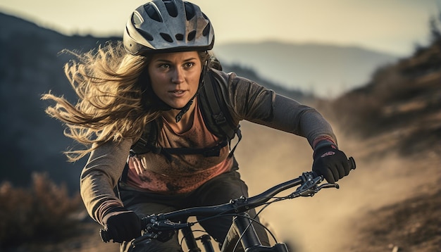 Foto mujer montando en bicicleta en una montaña generada por ia