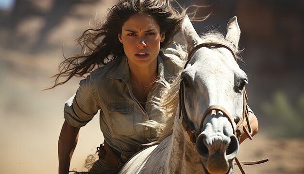 una mujer montando un caballo con un caballo en el fondo