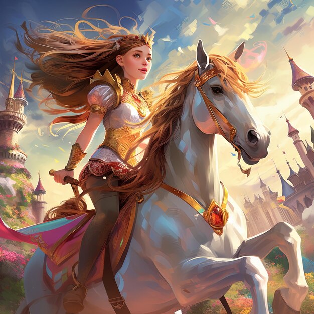 una mujer montando un caballo con un caballo volador en el fondo