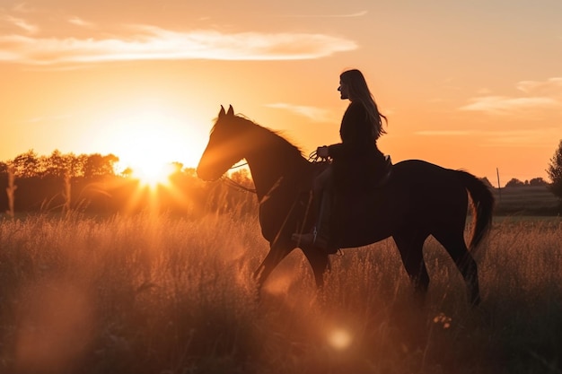 una mujer montando un caballo en un campo al atardecer