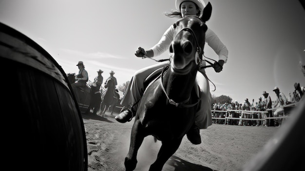 Una mujer montando a caballo en una foto en blanco y negro.