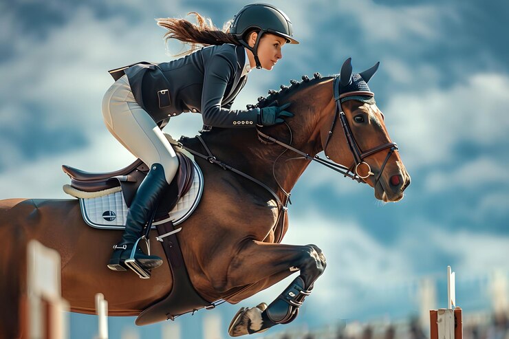 una mujer montando un caballo con la palabra que está montando