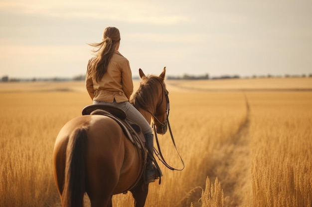 mujer montando un caballo a través de un campo de trigo dorado con un sentido de libertad y aventura