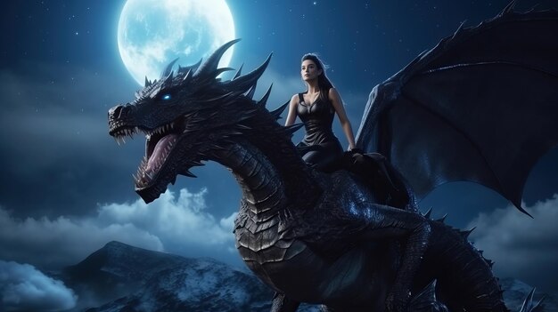 una mujer montando un dragón