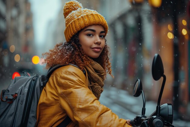 Mujer montando una motocicleta bajo la lluvia