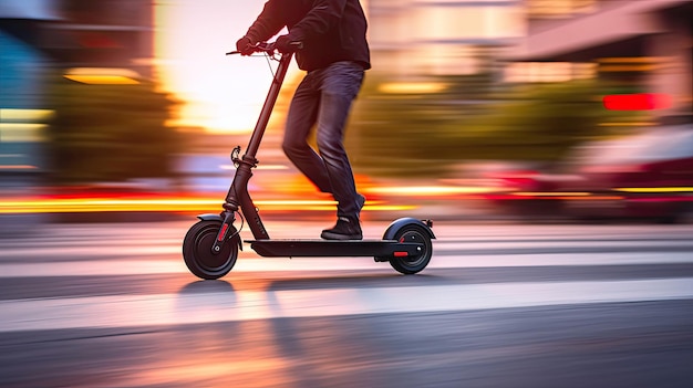 Una mujer montando una patineta eléctrica negra en el paisaje urbano