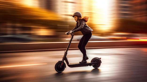 Una mujer montando una patineta eléctrica negra en el paisaje urbano