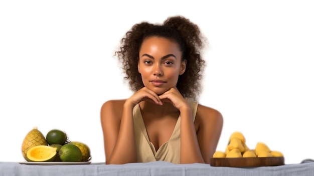 una mujer con un montón de frutas y verduras.