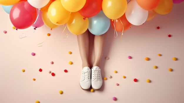 Una mujer con un montón de globos de colores en el suelo.