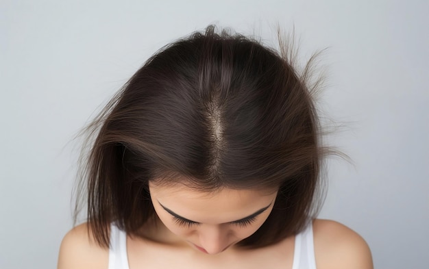 Una mujer morena con alopecia por pérdida de cabello está mostrando su cabello escaso en fondo blanco vista superior