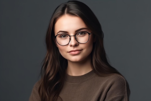 Una mujer morena sonriente con gafas posando con los brazos cruzados y mirando a la cámara sobre un fondo blanco