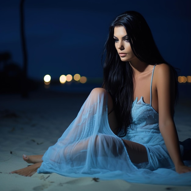 Mujer morena con vestido azul sentada en la playa por la noche