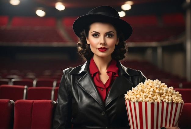 Mujer morena vintage con sombrero y chaqueta de cuero con palomitas de maíz en las manos generadas por IA