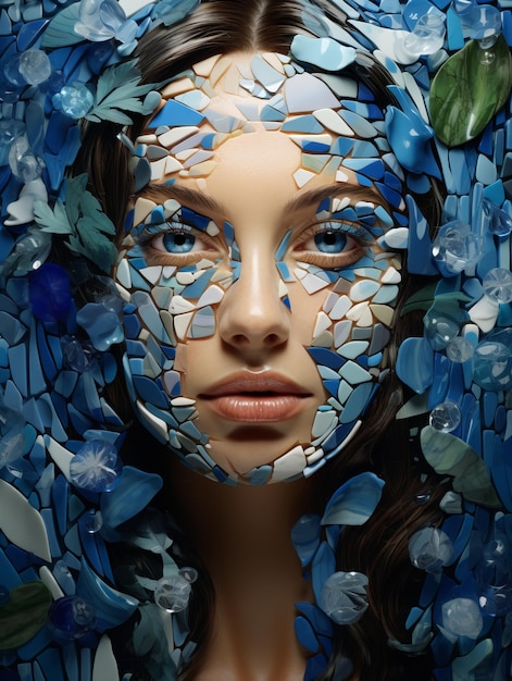 Mujer de mosaico de naturaleza azul