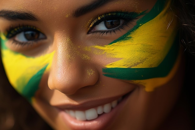 Mujer mostrando espíritu de equipo con los colores de Brasil en su rostro