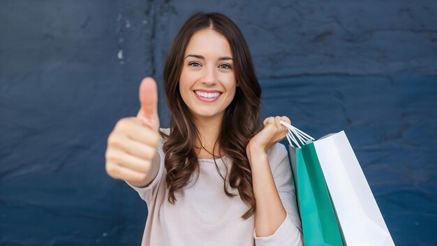 Foto mujer mostrando el pulgar hacia arriba y sosteniendo la bolsa de compras