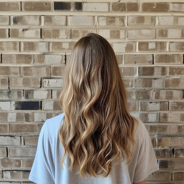 Una mujer mostrando su cabello largo en una con un tiro de espalda con ladrillo blanco detrás de la foto de espalda