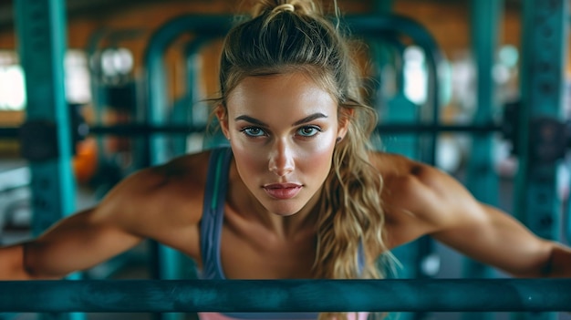 Foto una mujer motivada haciendo saltos de tríceps en el fondo