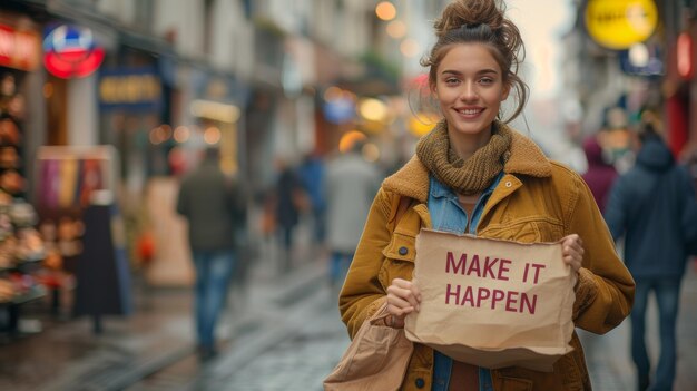 Foto mujer motivadora sosteniendo un letrero haz que suceda en un fondo borroso concepto de éxito