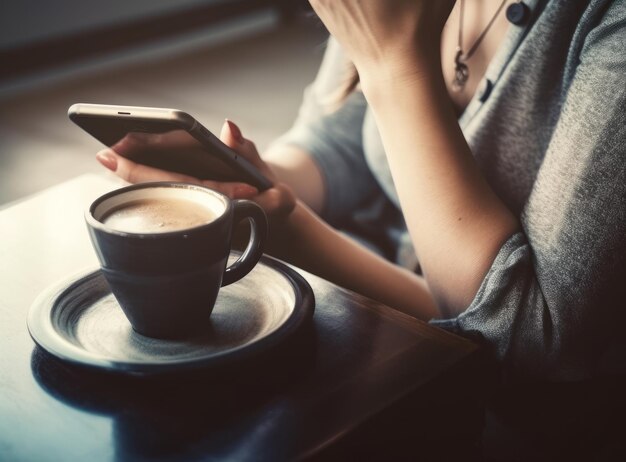 Mujer con móvil y taza de café Ilustración AI GenerativexA