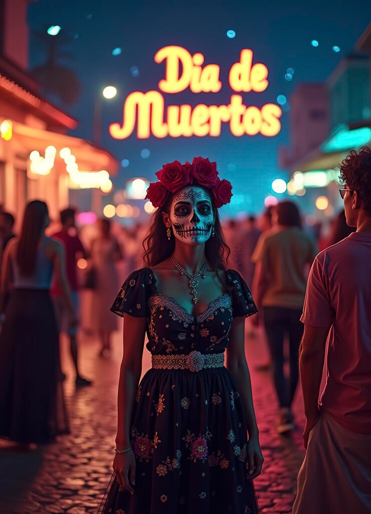 Una mujer con mucho maquillaje para celebrar el Día de los Muertos.