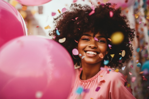 una mujer con muchos globos y confeti