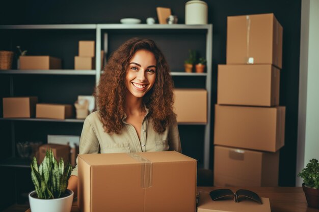 Foto mujer mudándose a una casa nueva caja de cartón vacía