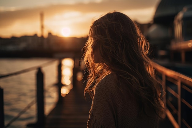 Una mujer se para en un muelle frente a una puesta de sol.