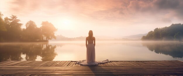 Foto mujer en un muelle de madera cerca de un lago