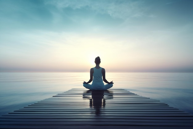 Mujer muelle yoga loto actividad estilo de vida verano océano pose fitness fondo joven mar IA generativa