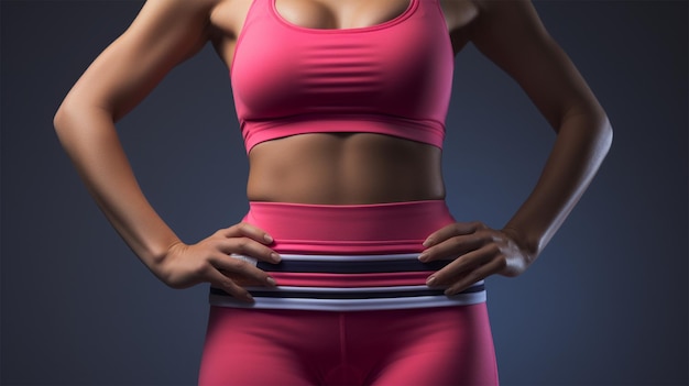 Una mujer muestra con confianza su cintura esculpida y sus músculos abdominales tonificados en ropa deportiva