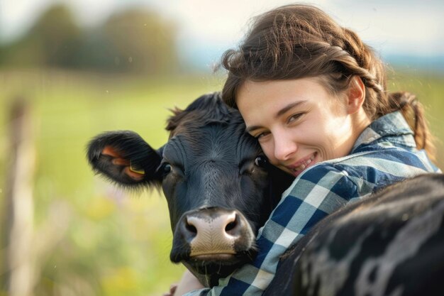 Foto mujer muestra cuidado por la vaca en la industria agrícola