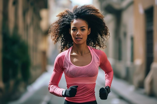 Una mujer multiétnica corriendo por una calle con luz suave y difusa y fondo borroso con una camiseta de entrenamiento rosa y leggings negras