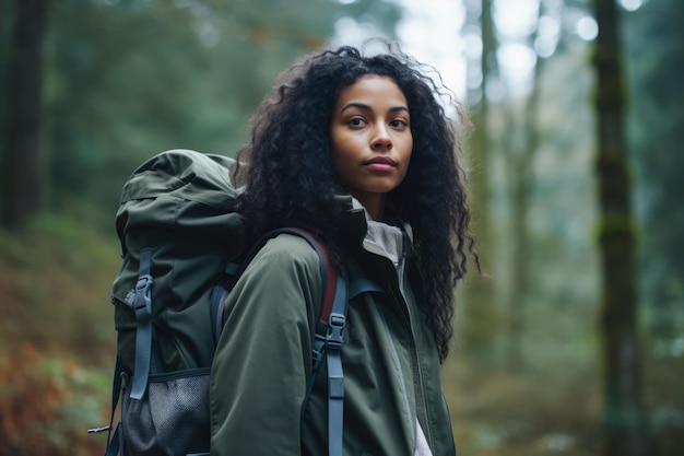 Mujer multiétnica joven que camina en el bosque