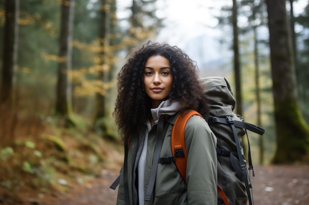 Mujer multiétnica joven que camina en el bosque