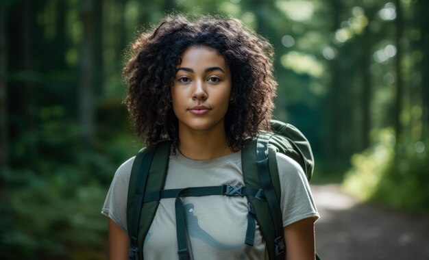 Mujer multiétnica joven que camina en el bosque