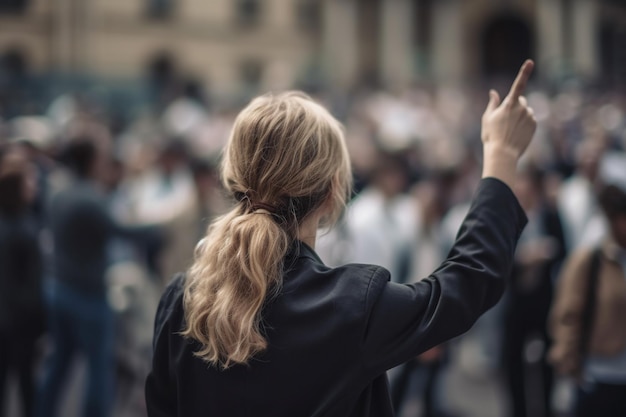 Una mujer en una multitud con la mano hacia el cielo.