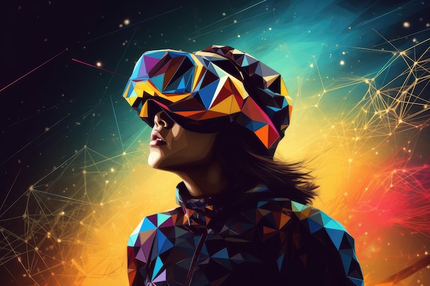 Una mujer con un mundo surrealista de usuario de auriculares VR y campos de flores coloridos de realidad virtual IA generativa
