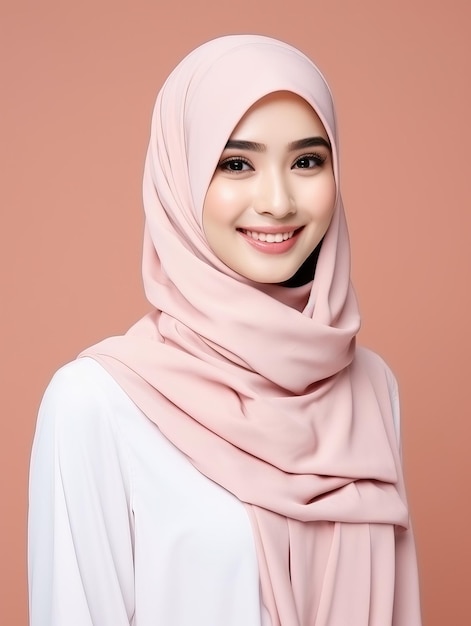 Mujer musulmana asiática aislada fondo rosa