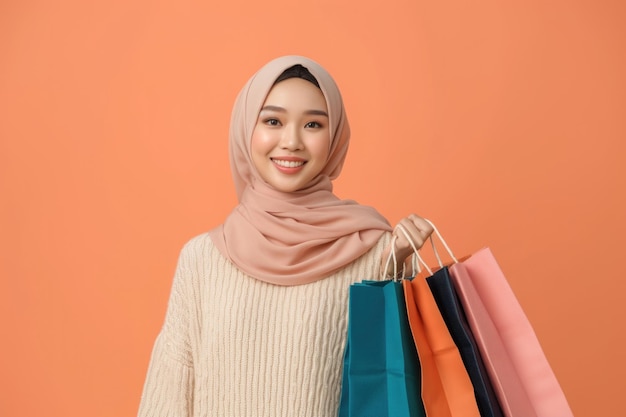 Una mujer musulmana asiática celebra el Día Mundial de los Derechos del Consumidor con bolsas de compras