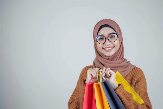 Mujer musulmana asiática feliz con bolsas de compras Día de los Derechos del Consumidor