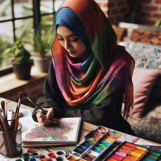 Foto una mujer musulmana asiática con hijab involucrada en una actividad de pintura