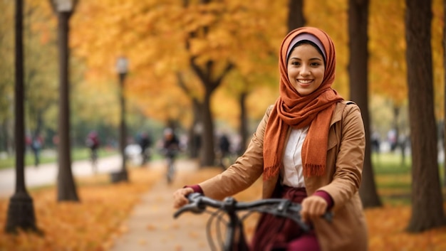 Mujer musulmana con bicicleta en un parque público