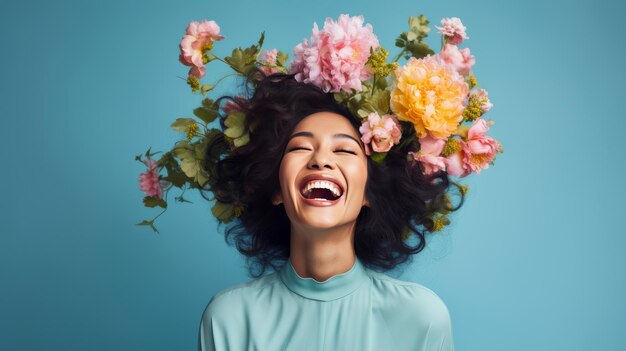 Mujer musulmana con la cabeza cubierta de flores de primavera sobre un fondo azul